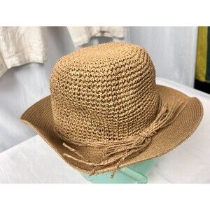 FURTALK M/L Tan Woven Straw Wide Brim Sun Hat Rope Bow Adjustable Band